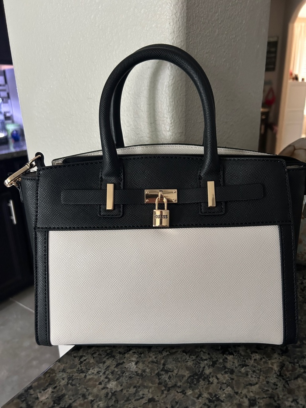 GUESS Black and White Padlock Satchel